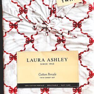 Laura Ashley Twin Size Percale Cotton Sheet Set Red Bow Ribbon Shabby Chic